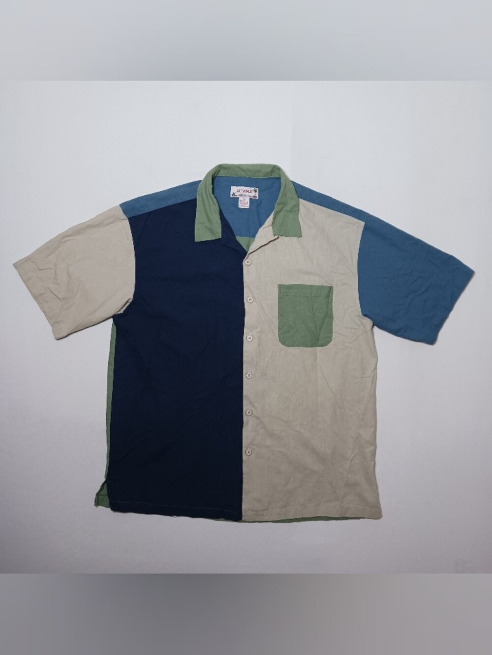 Vintage Summa Mens Silk Blend Camp Shirt XLT Blue Green Cream Colorblock